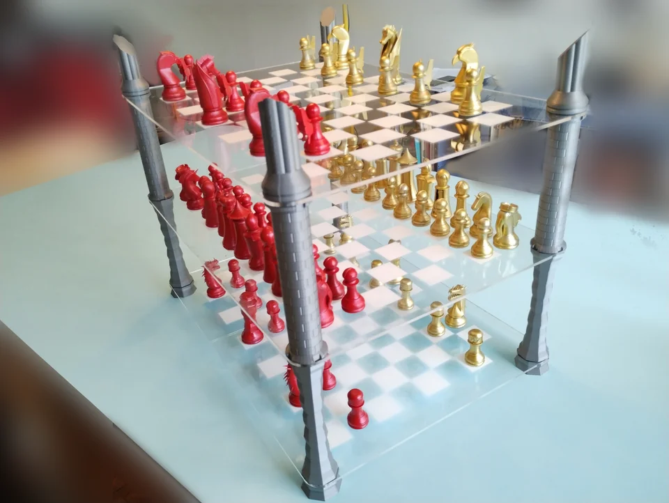 An image containing 3 layers of chessboards with fantasy style chess pieces